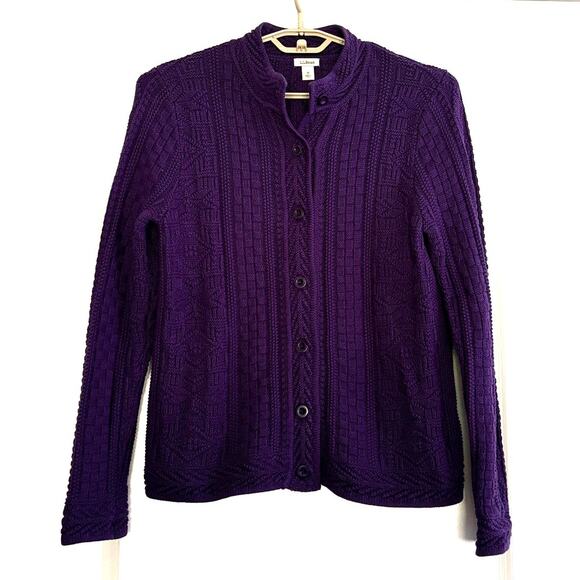 L.L. Bean Purple Cable Knit Cardigan Sweater Jacket 100% Cotton 278397 - Picture 1 of 8